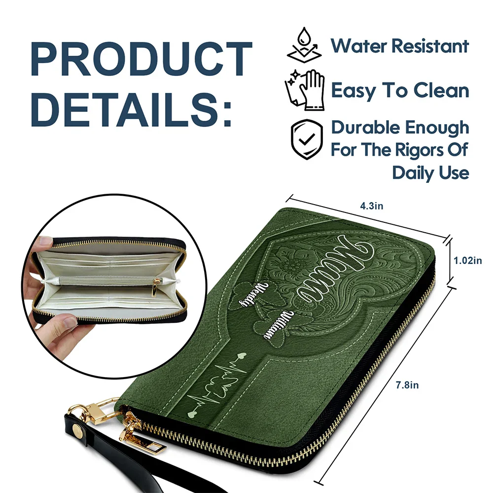 Gift For Mother,Gift For Grandma,Grandma,Grandkids,Mom,Children - Leather Butterfly Heart - Personalized Leather Long Wallet