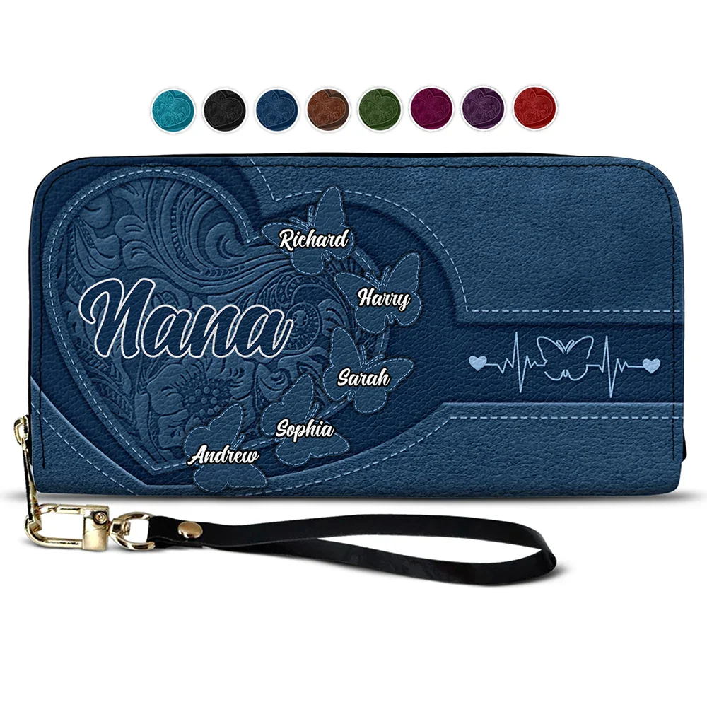 Gift For Mother,Gift For Grandma,Grandma,Grandkids,Mom,Children - Leather Butterfly Heart - Personalized Leather Long Wallet