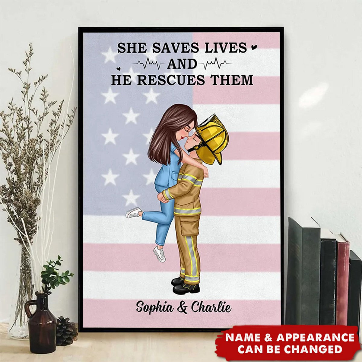 Personalized Nurse Firefighter Couple Canvas: 'She Saves Lives & He Rescues Them'