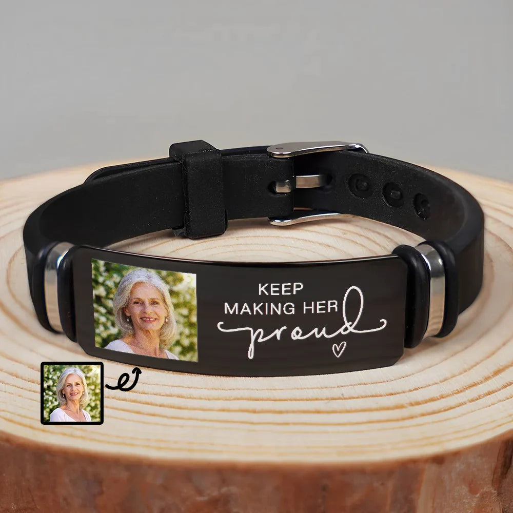 Heartfelt Personalized Photo Bracelet: 'Keep Making Her Proud' Memorial For Loved One Gift
