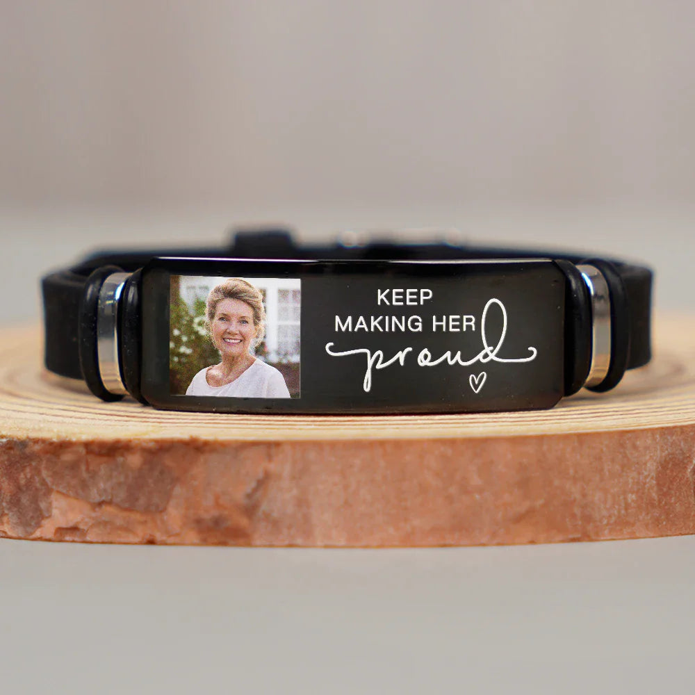 Heartfelt Personalized Photo Bracelet: 'Keep Making Her Proud' Memorial For Loved One Gift