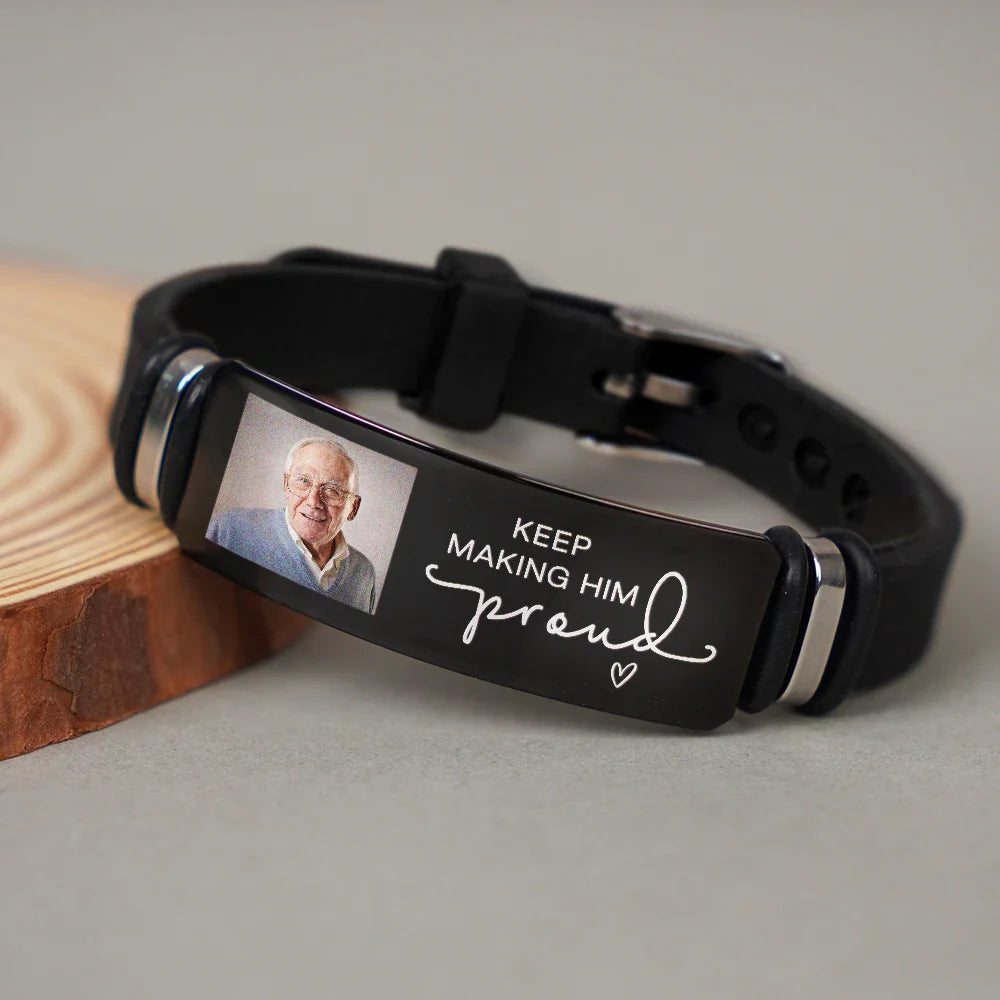 Heartfelt Personalized Photo Bracelet: 'Keep Making Her Proud' Memorial For Loved One Gift