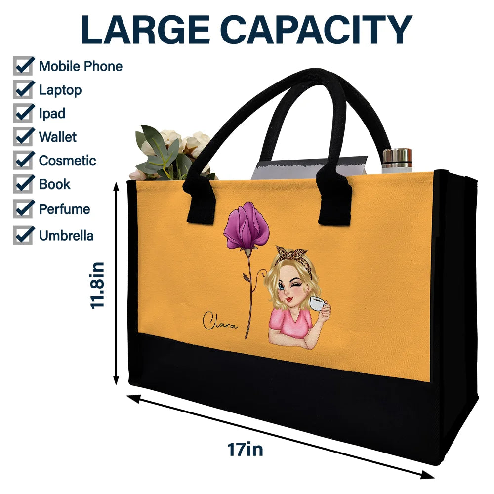 Custom Birth Flower & Character Tote Bag - Bloom Where You're Planted Gift for Her