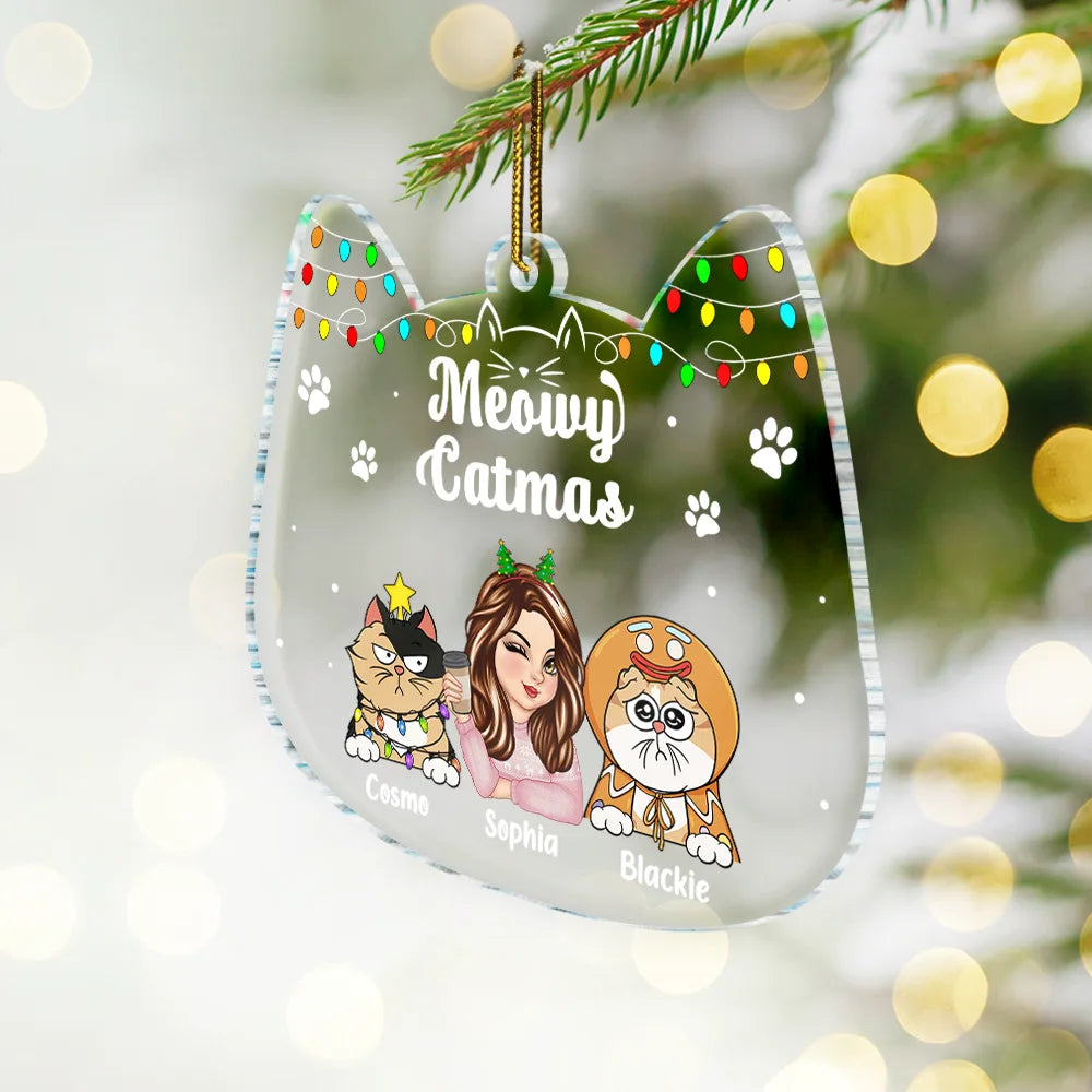 Heartfelt Personalized 'Meowy Catmas Cat Mom' Acrylic Christmas Ornament