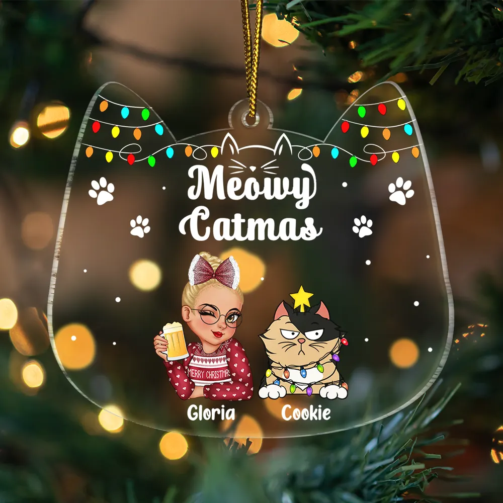 Heartfelt Personalized 'Meowy Catmas Cat Mom' Acrylic Christmas Ornament