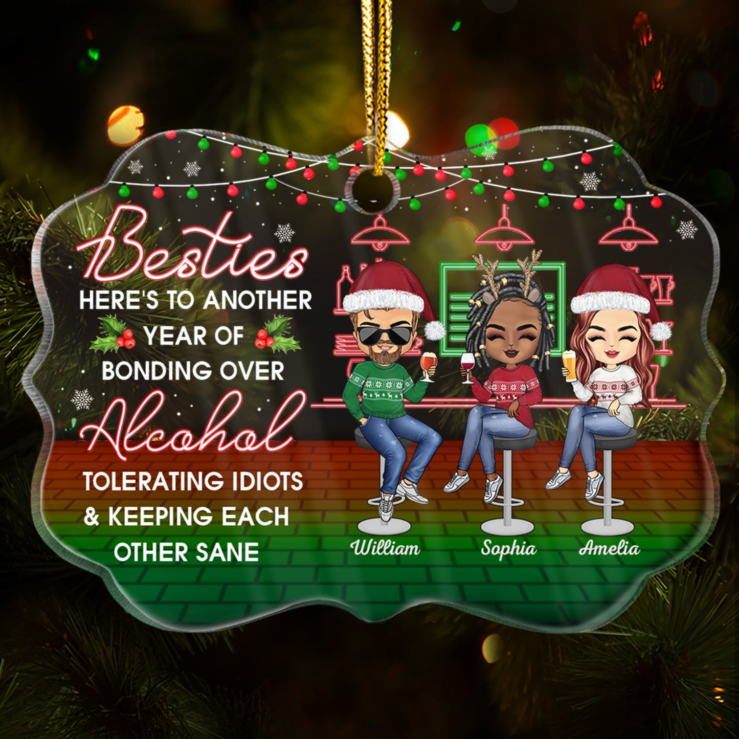 Personalized Besties Bonding Over Alcohol Christmas Acrylic Ornament