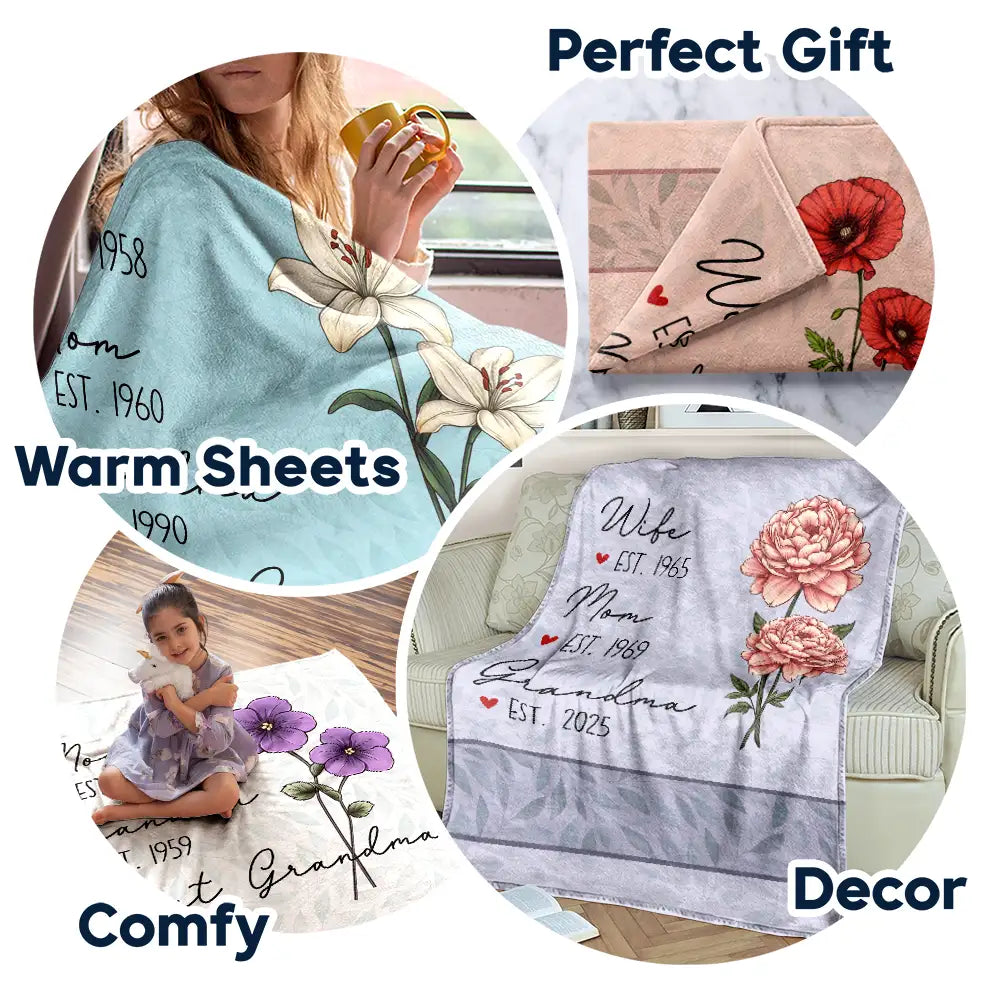 Gift For Grandma,Love,Gift For Mother,Gift For Wife - Mom Grandma Great Grandma Birth Flower - Personalized Fleece Blanket, Sherpa Blanket