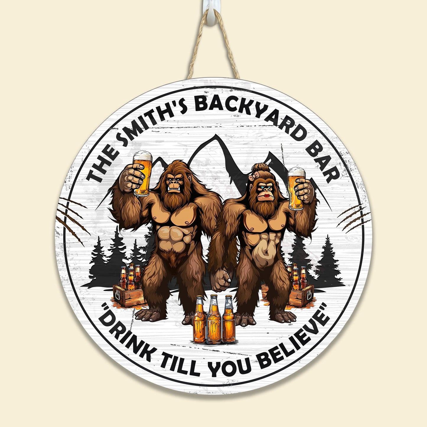 Personalized Funny Bigfoot Backyard Bar Wood Sign - "Drink Till You Believe"