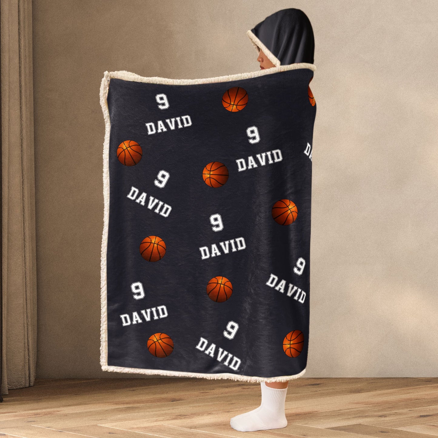 Personalized Basketball Sherpa Blanket - Custom Name Hooded Blanket, Gift for Basketball Fans
