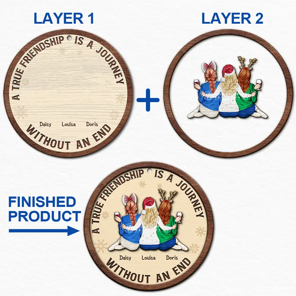 Gift For Bestie, Gift For Sisters, Gift For Women, Gifts For Colleagues, Happy, Christmas - Bestie A True Friendship Is A Journey Without An End - Personalized 2-Layered Wooden Ornament