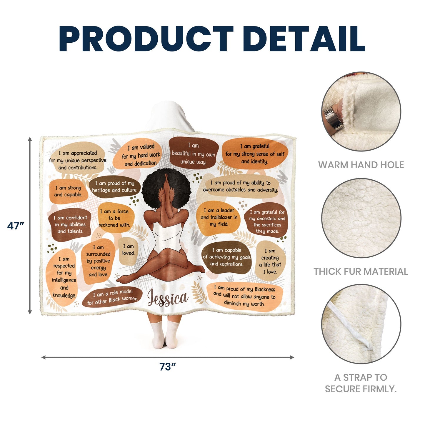 Personalized Empowering Affirmations Hooded Sherpa Blanket - Custom Name Gift for Self-Love & Cultural Pride