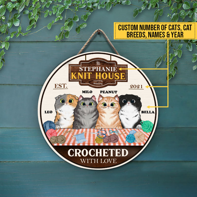 Custom 'Crocheted With Love' Cat Wood Sign - Personalized Knit House Decor Gift