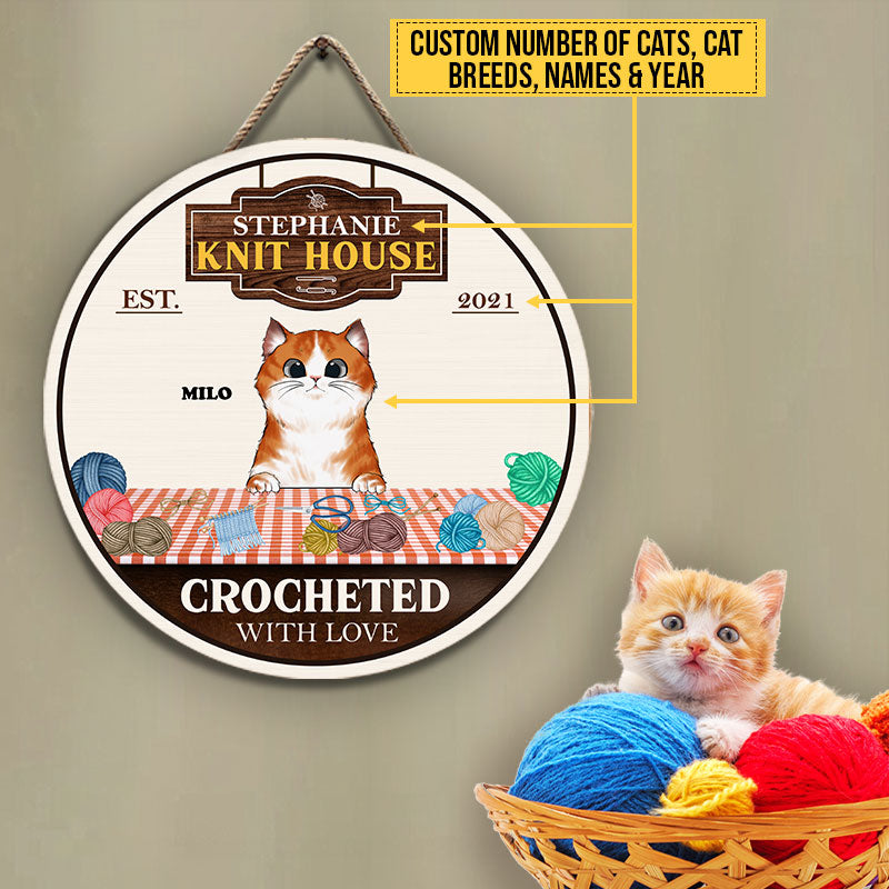 Custom 'Crocheted With Love' Cat Wood Sign - Personalized Knit House Decor Gift