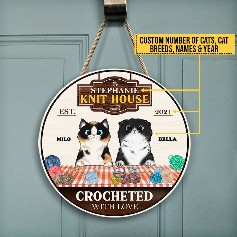 Custom 'Crocheted With Love' Cat Wood Sign - Personalized Knit House Decor Gift