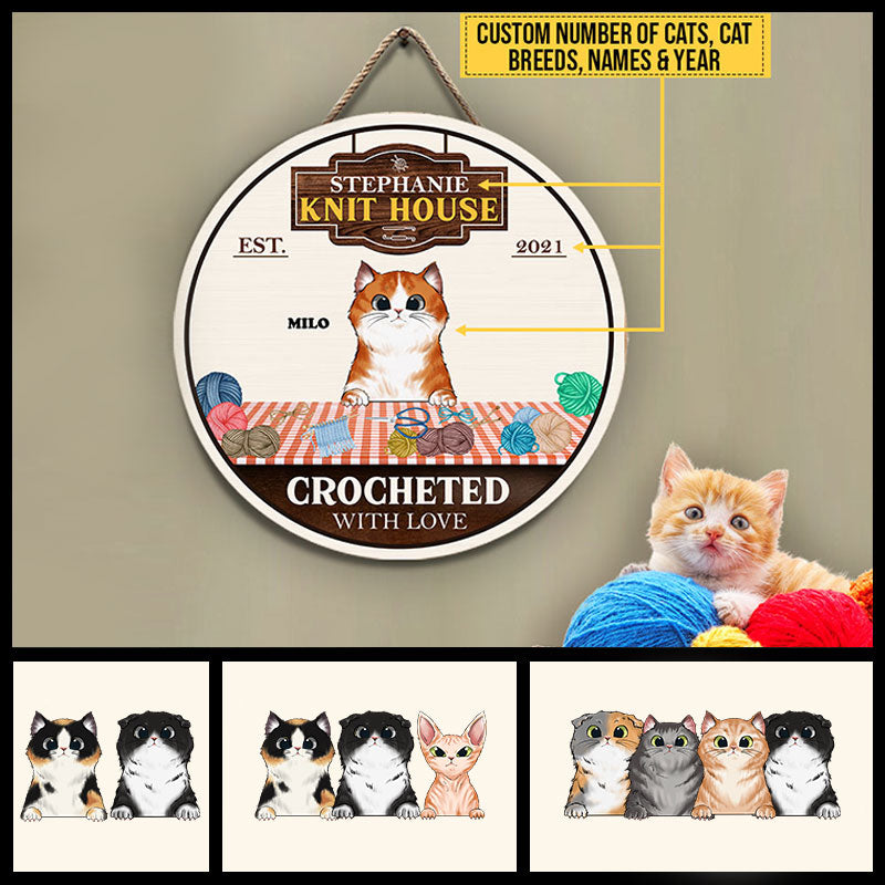 Custom 'Crocheted With Love' Cat Wood Sign - Personalized Knit House Decor Gift