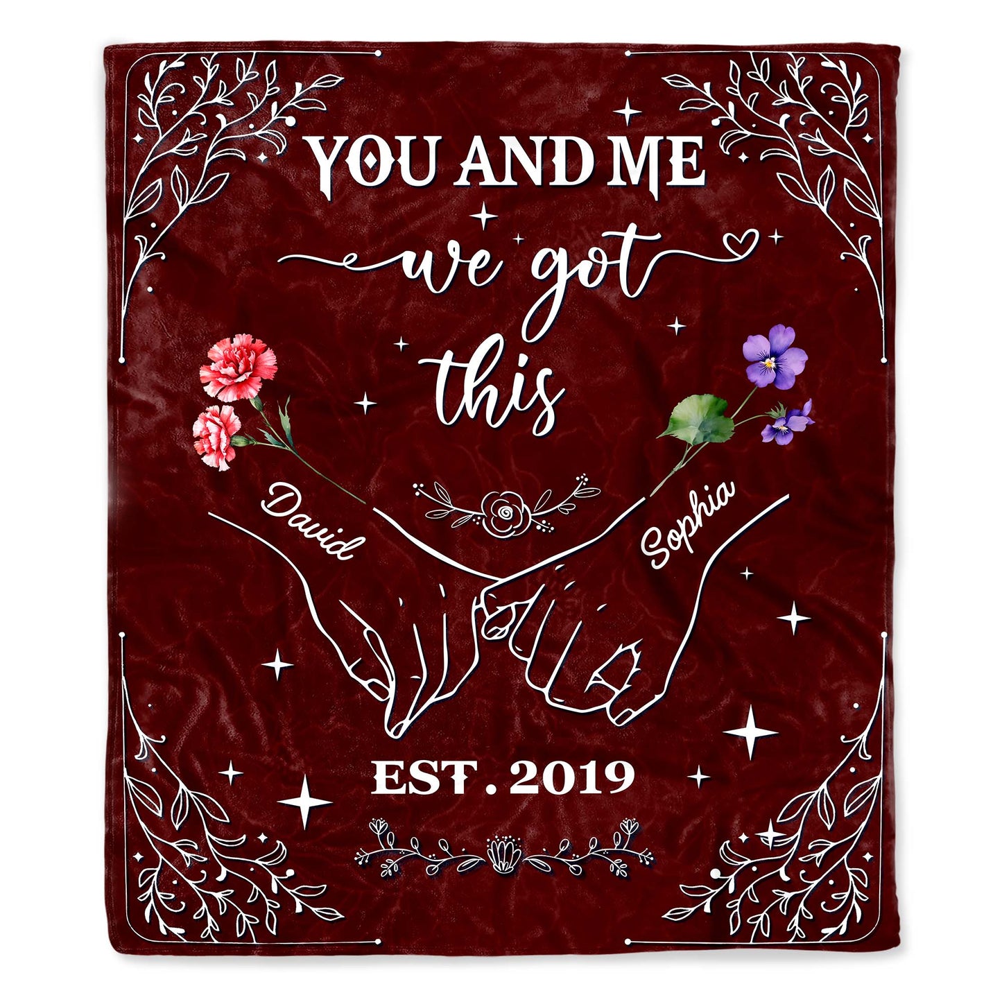 Together We Rise: Personalized Blanket - Entwined Hands & Blooming Hearts Design