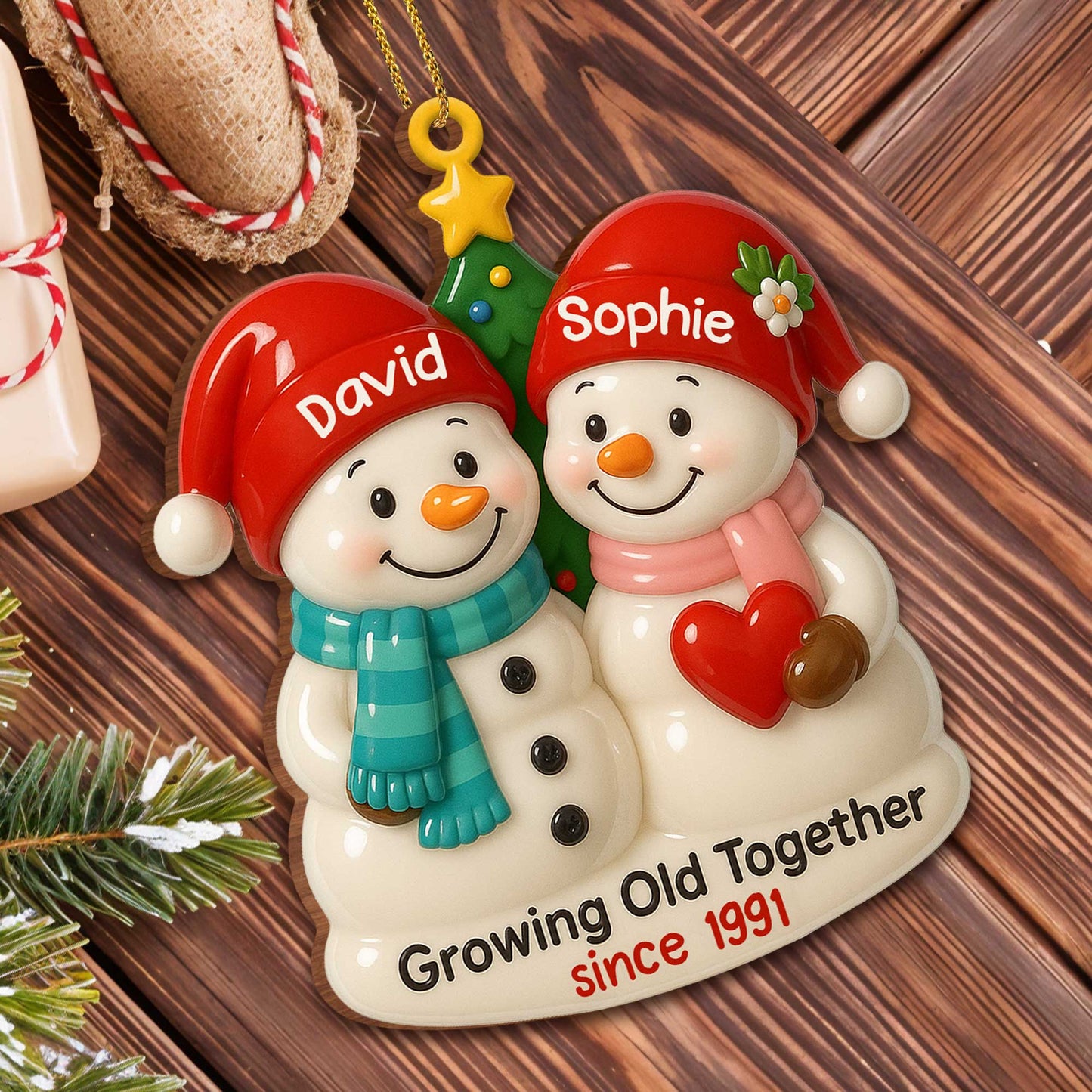 Personalized “Growing Old Together” Snowman Wood Ornament