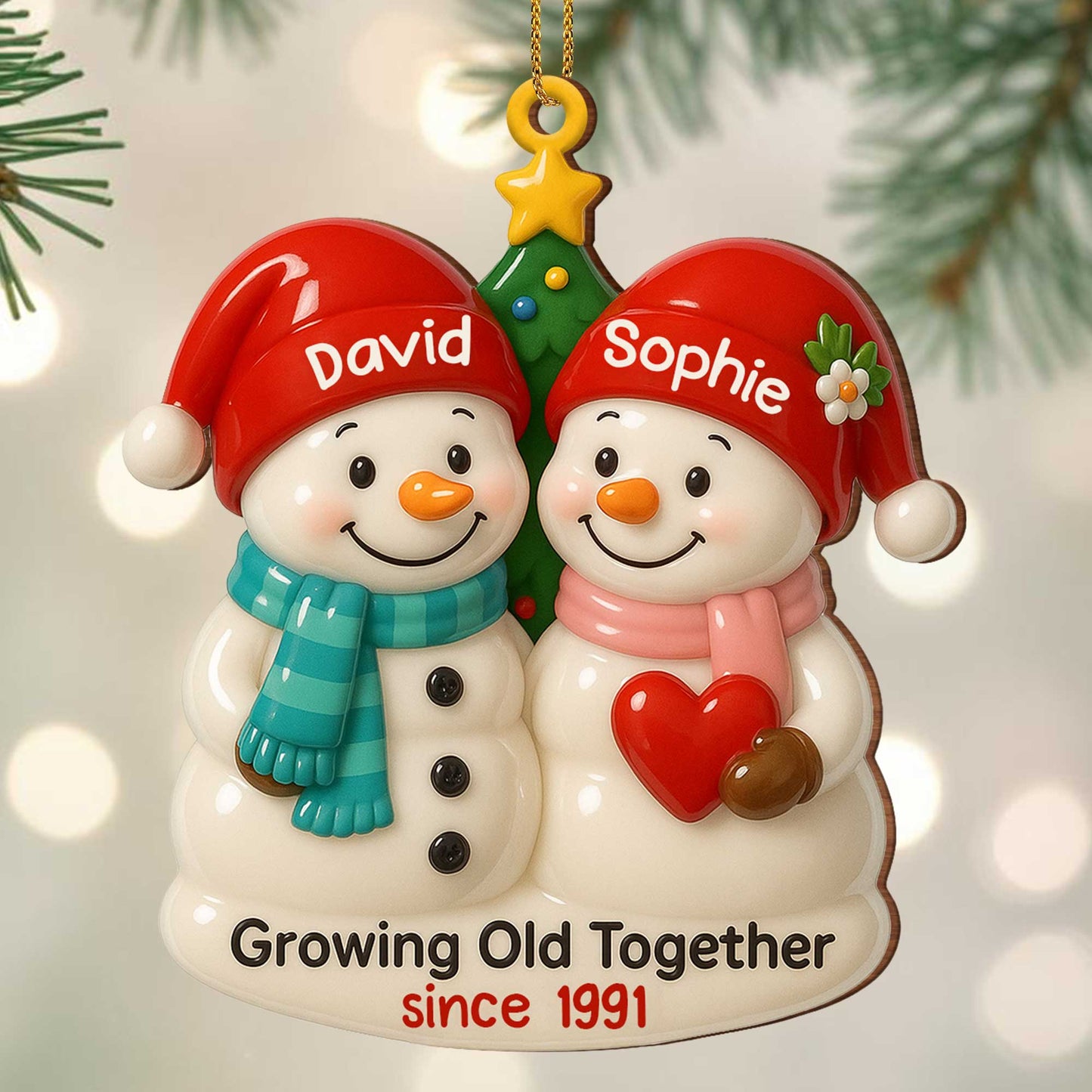 Personalized “Growing Old Together” Snowman Wood Ornament