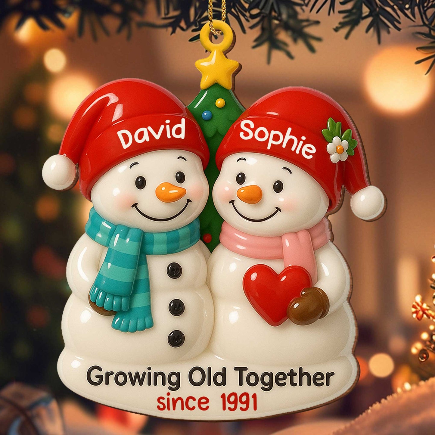 Personalized “Growing Old Together” Snowman Wood Ornament
