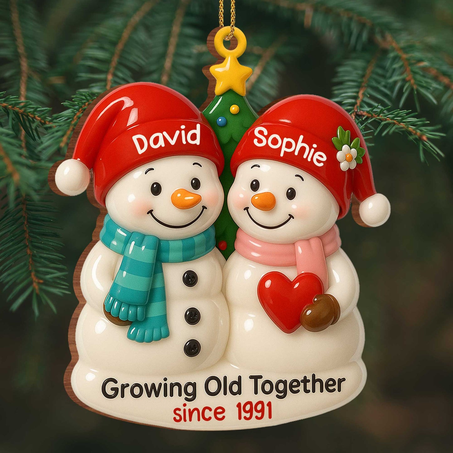 Personalized “Growing Old Together” Snowman Wood Ornament