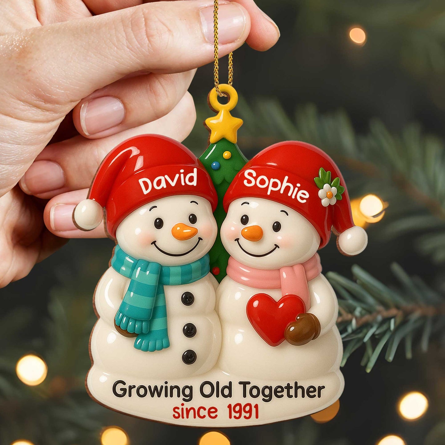 Personalized “Growing Old Together” Snowman Wood Ornament