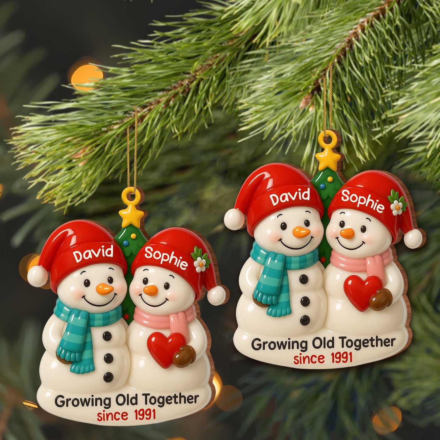 Personalized “Growing Old Together” Snowman Wood Ornament