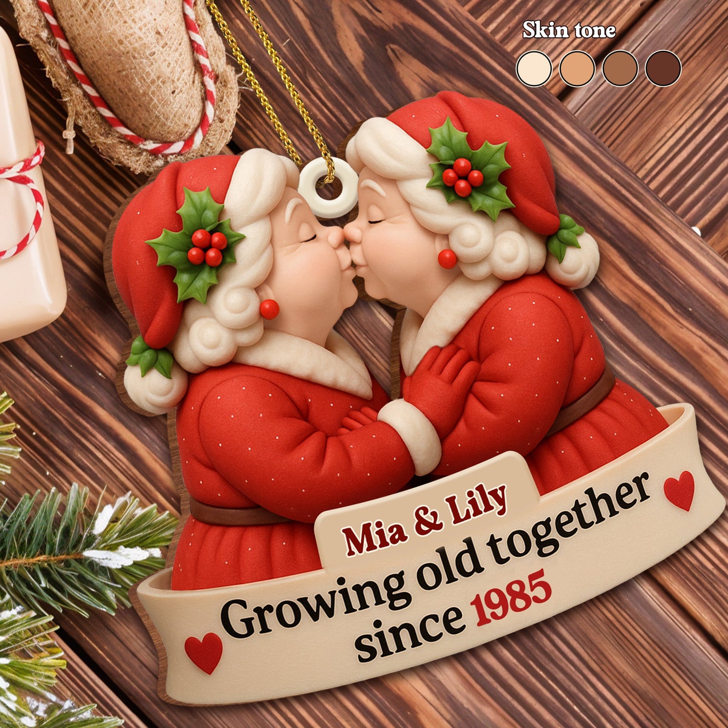 Forever Together: Santa Hats & Hearts - Personalized Wood Ornament | Unique Custom Shape