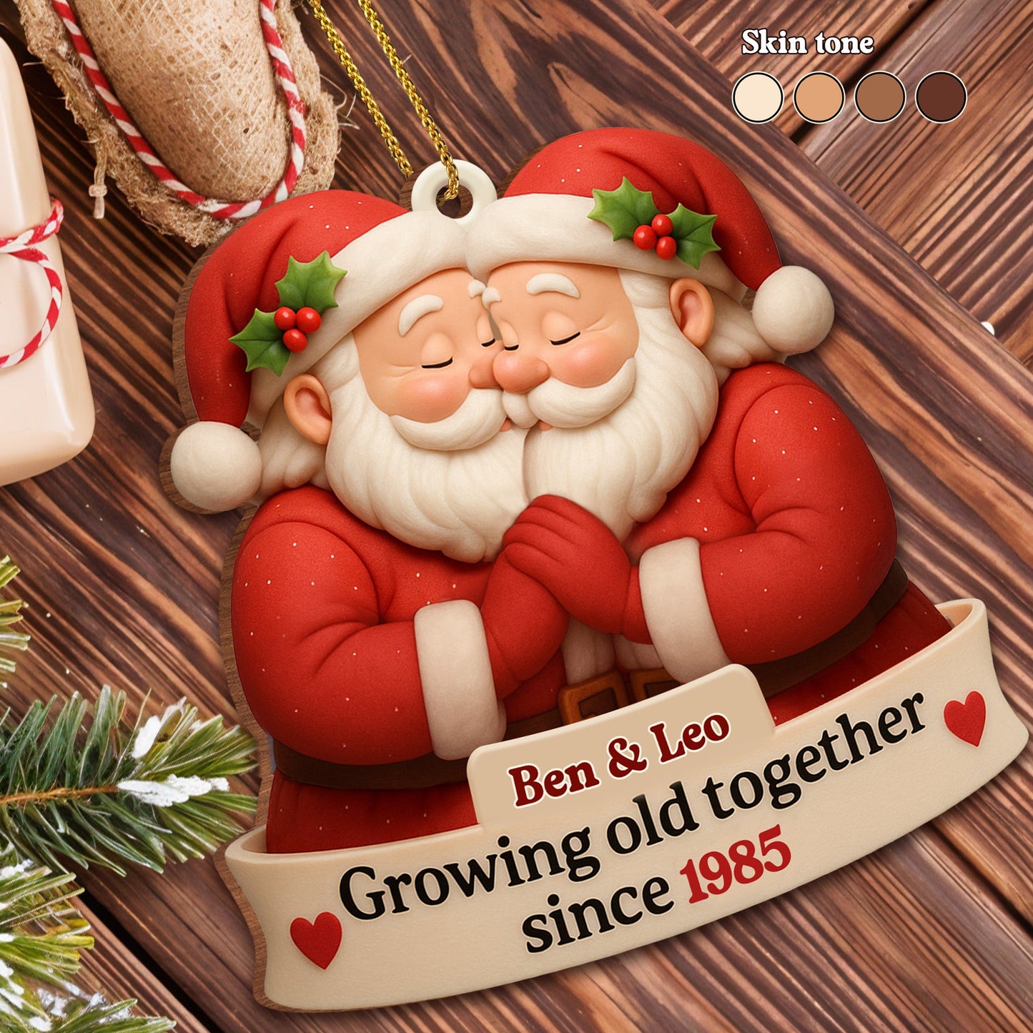 Forever Together: Santa Hats & Hearts - Personalized Wood Ornament | Unique Custom Shape