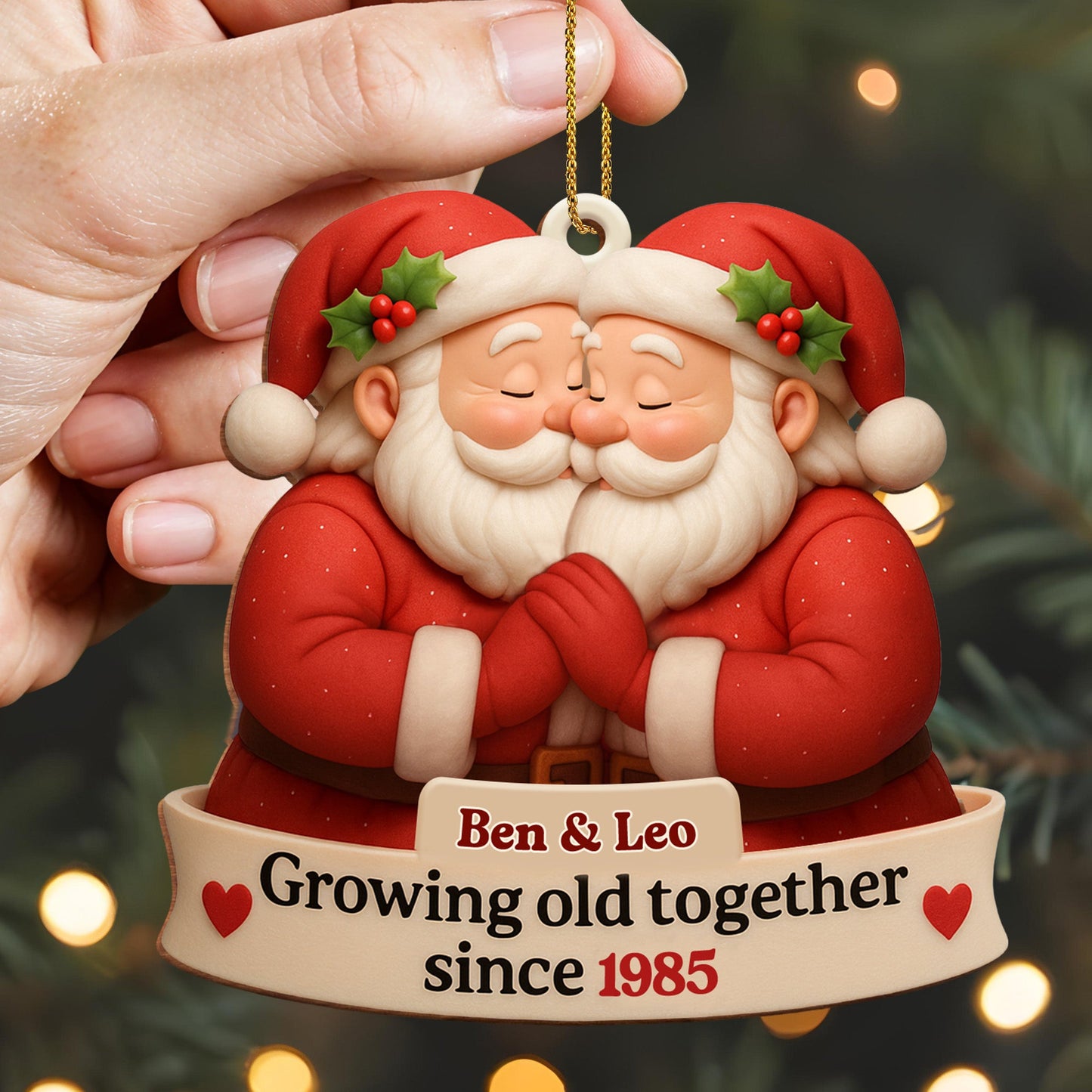 Forever Together: Santa Hats & Hearts - Personalized Wood Ornament | Unique Custom Shape