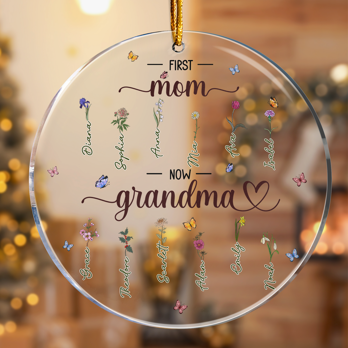 Personalized 'First Mom, Now Grandma' Birth Flower Acrylic Ornament