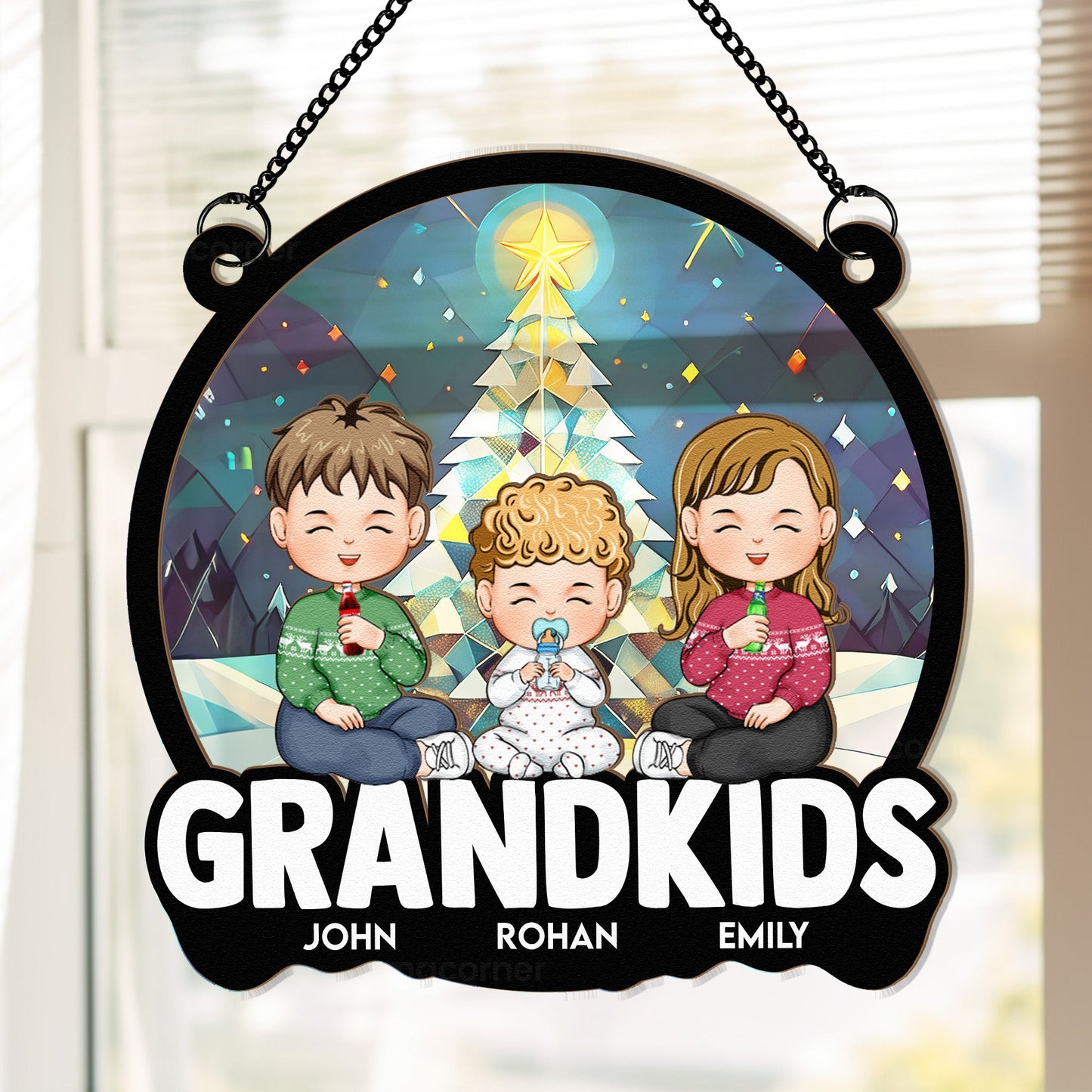 Personalized Grandkids Christmas Suncatcher - Custom Window Ornament for Grandparents