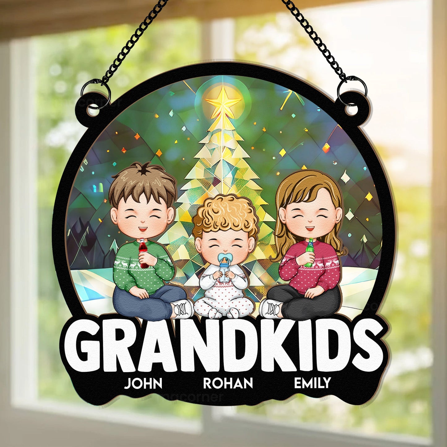Personalized Grandkids Christmas Suncatcher - Custom Window Ornament for Grandparents
