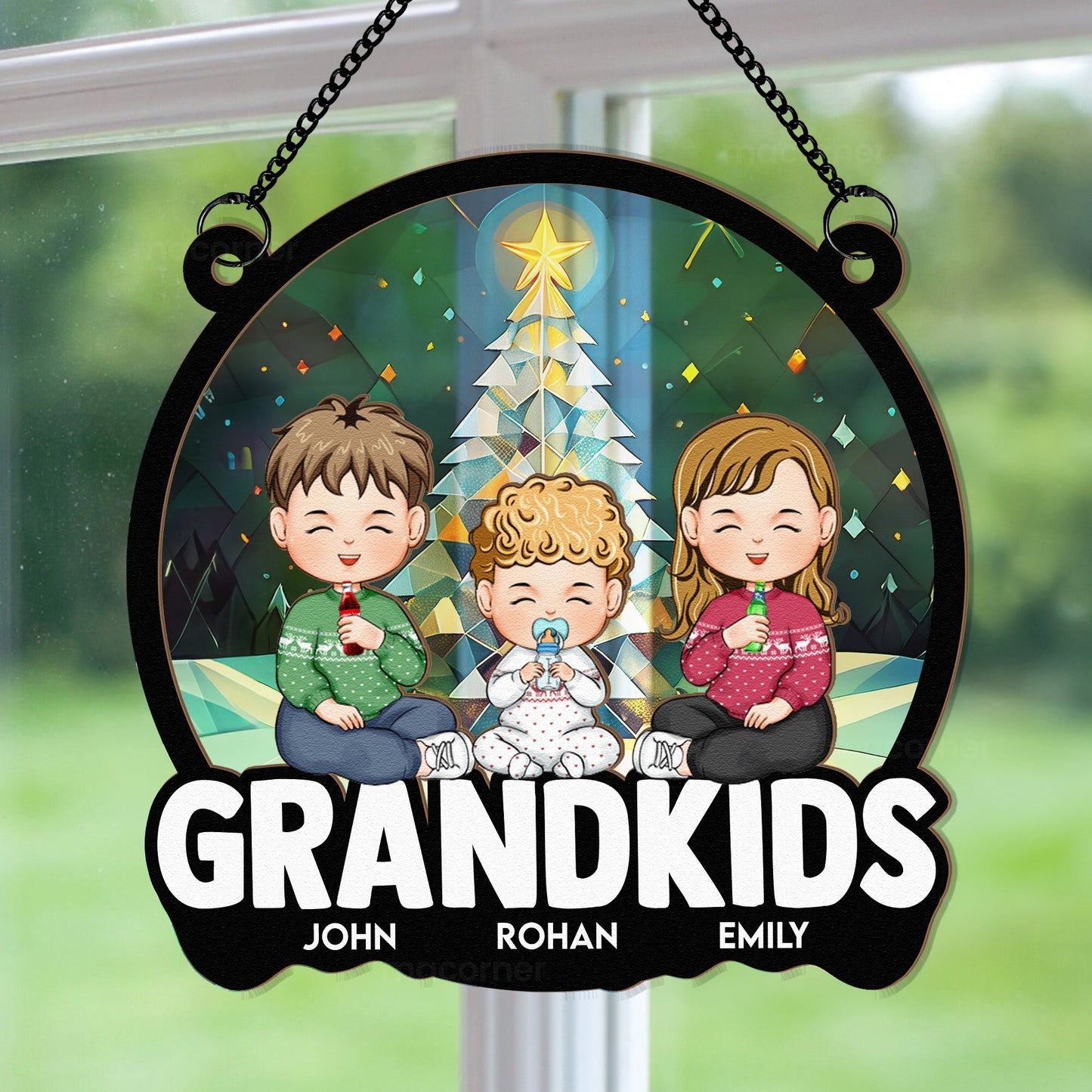 Personalized Grandkids Christmas Suncatcher - Custom Window Ornament for Grandparents