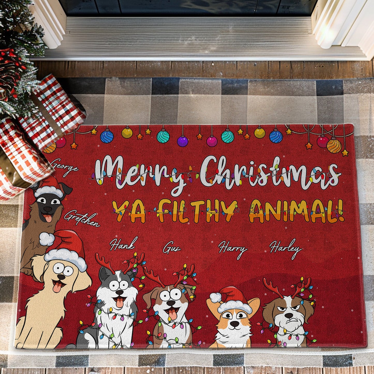 Personalized Christmas Dog Doormat: 'Merry Christmas Ya Filthy Animal!'