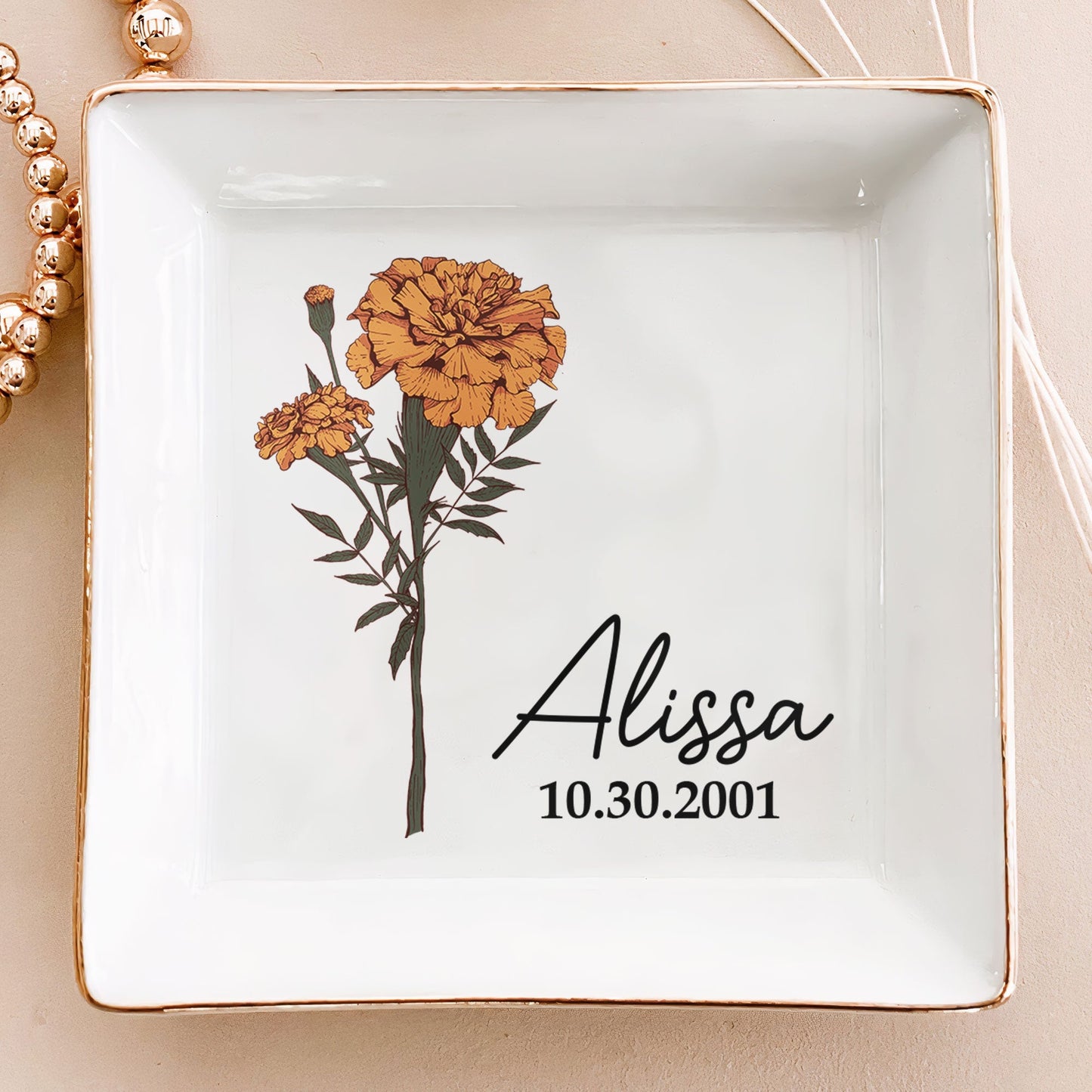 Personalized Birth Flower Jewelry Dish - Custom Name & Date Birthday Gift