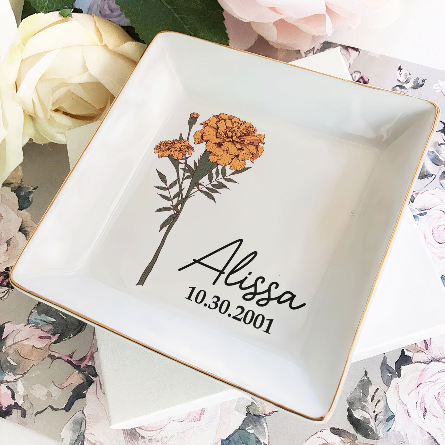 Personalized Birth Flower Jewelry Dish - Custom Name & Date Birthday Gift
