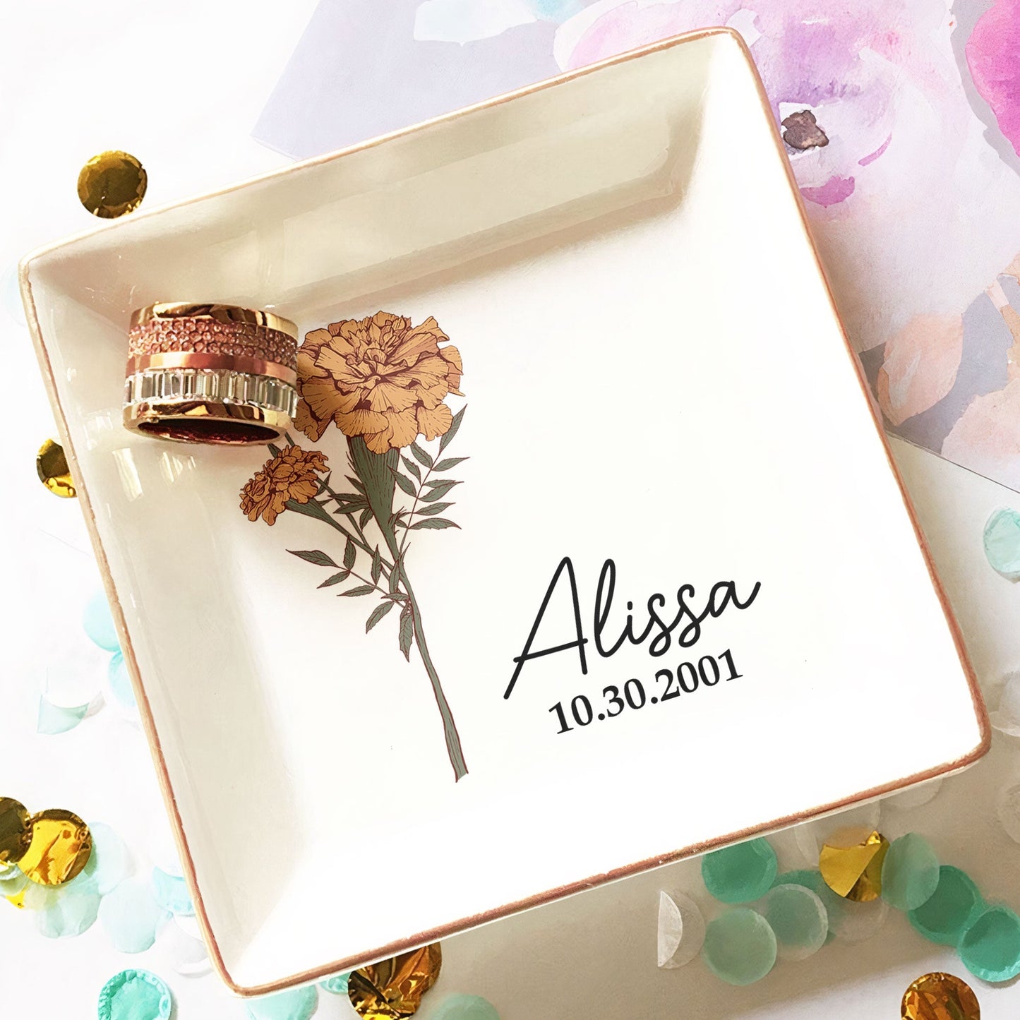 Personalized Birth Flower Jewelry Dish - Custom Name & Date Birthday Gift
