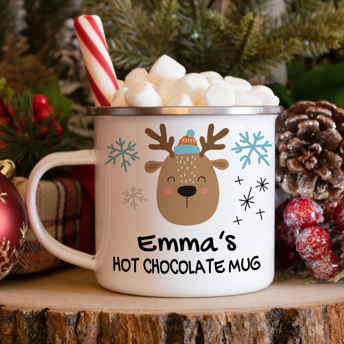 Personalized Kids' Christmas Hot Chocolate Enamel Mug - Cute Reindeer