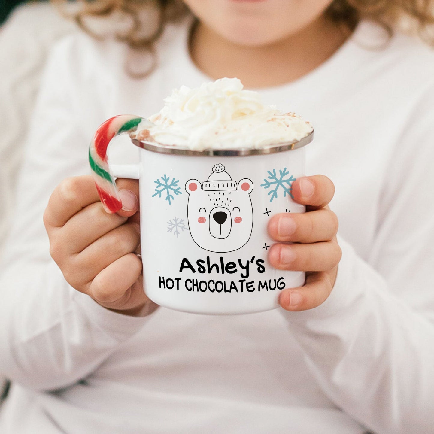 Personalized Kids' Christmas Hot Chocolate Enamel Mug - Cute Reindeer