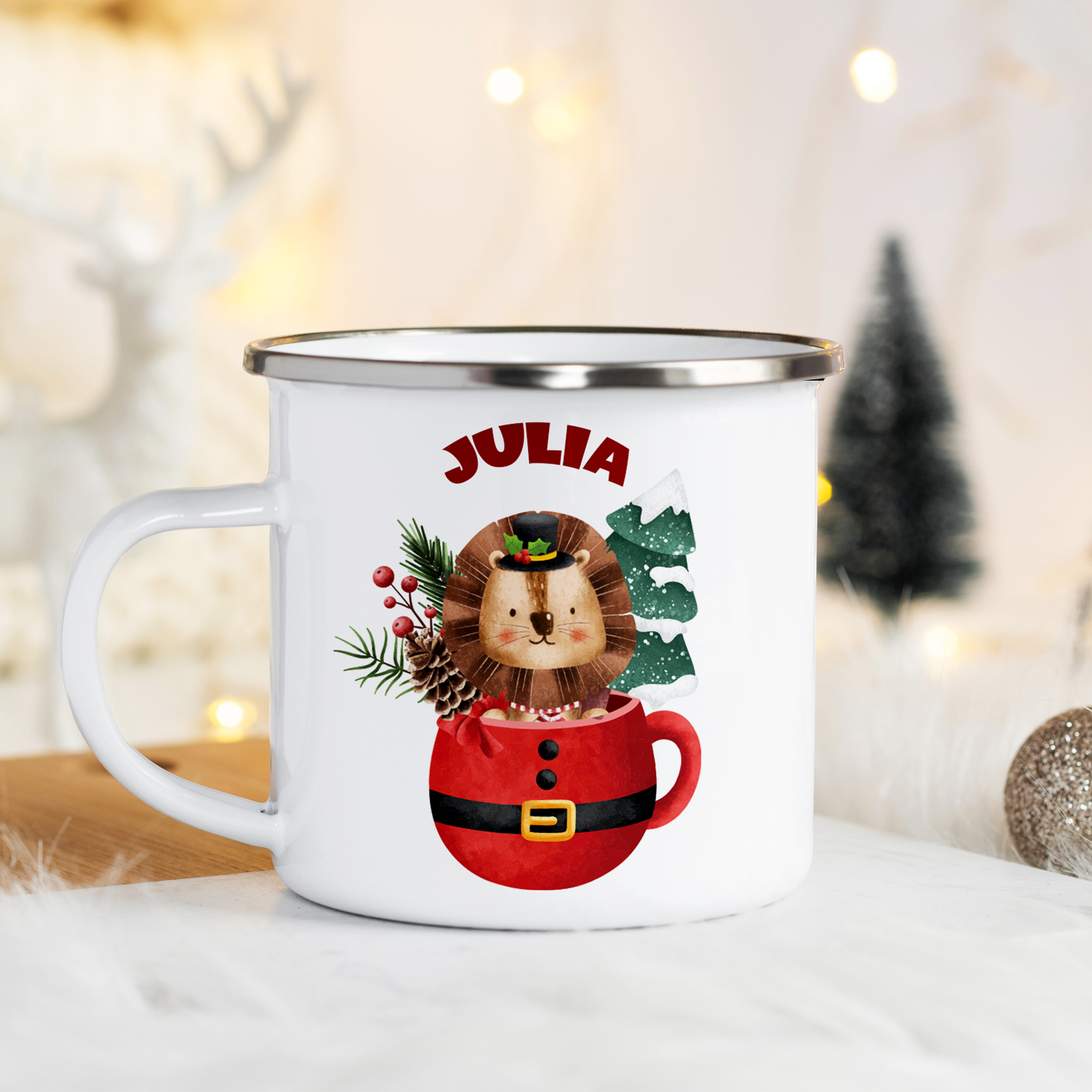 Personalized Christmas Lion Enamel Mug - Custom Holiday Gift for Kids
