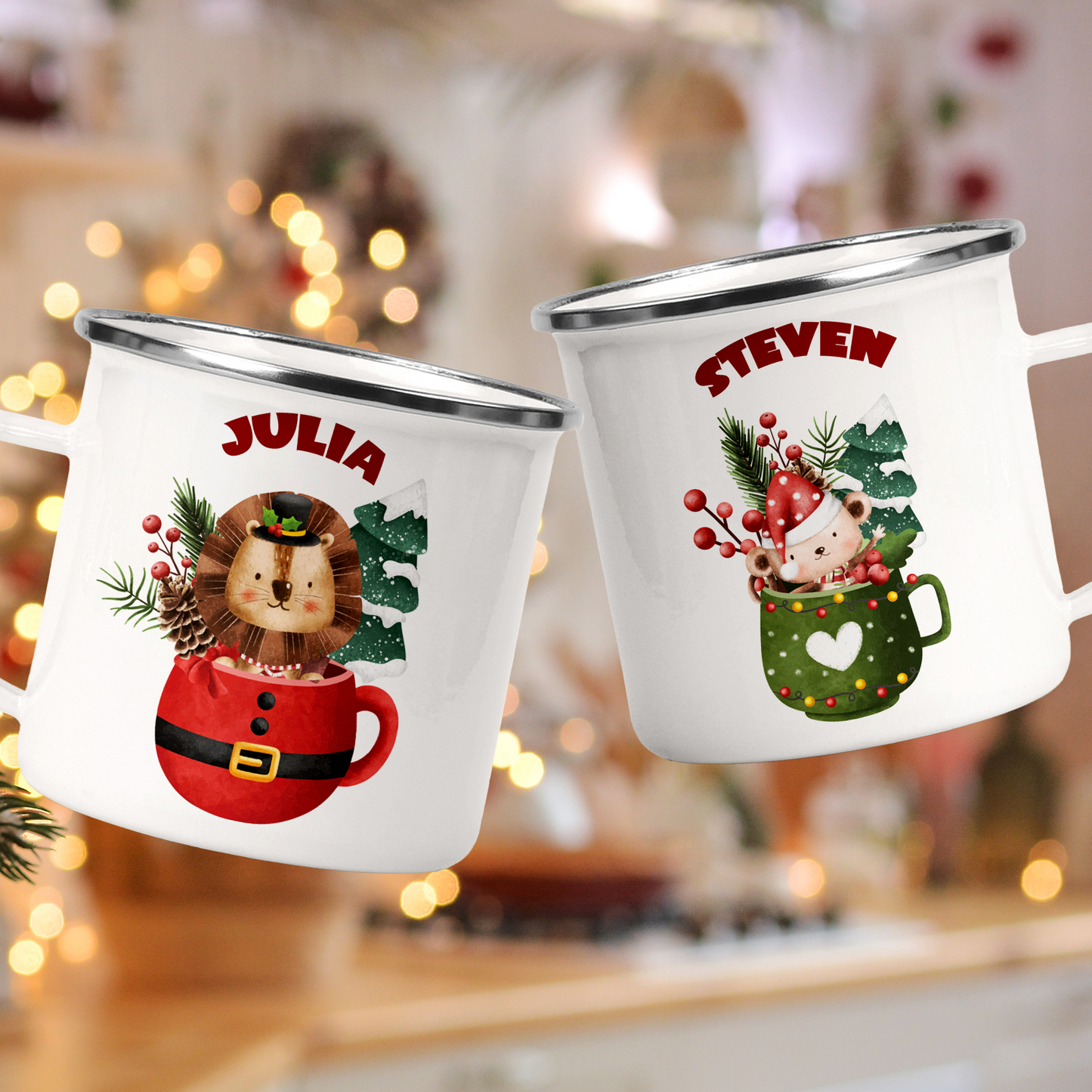 Personalized Christmas Lion Enamel Mug - Custom Holiday Gift for Kids