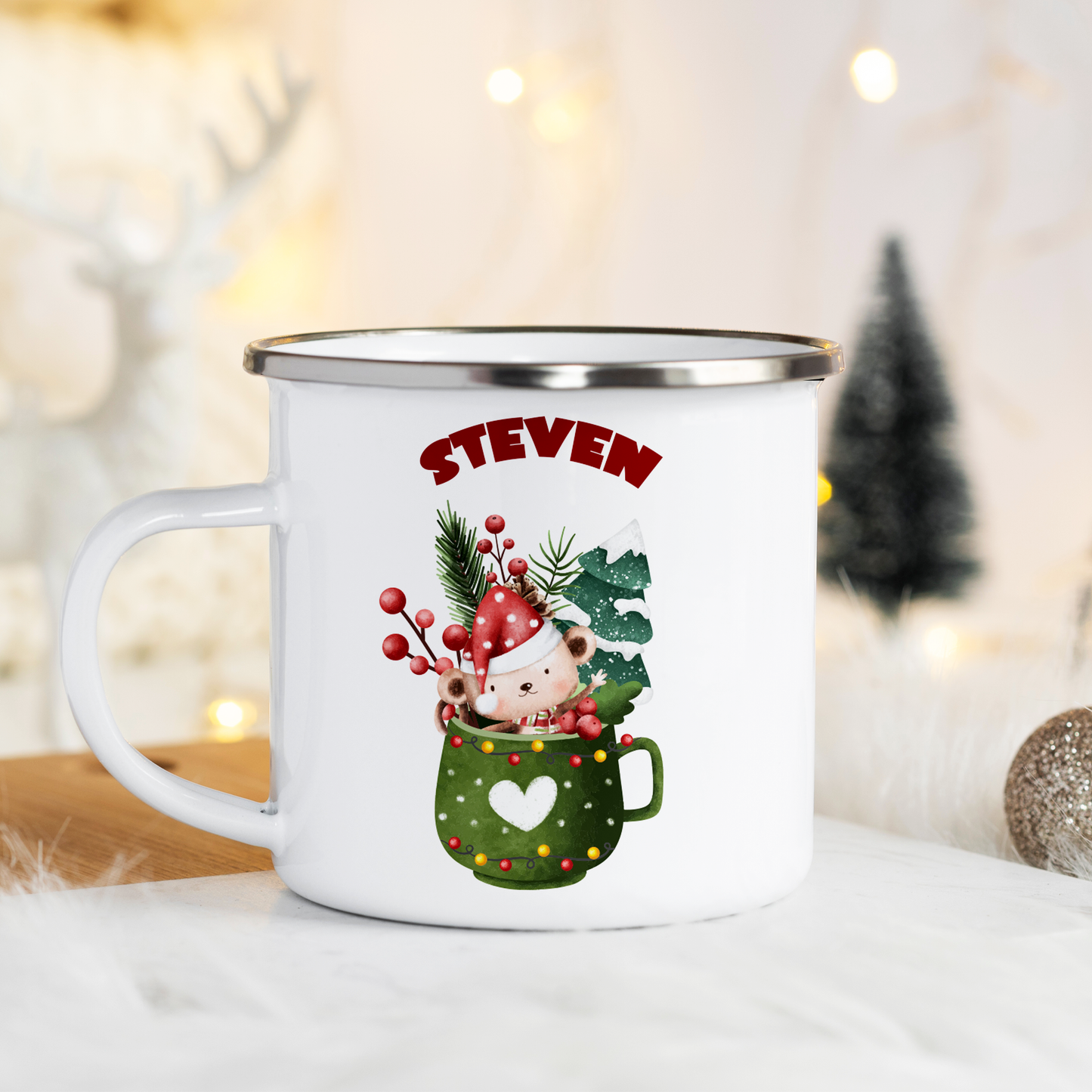 Personalized Christmas Lion Enamel Mug - Custom Holiday Gift for Kids