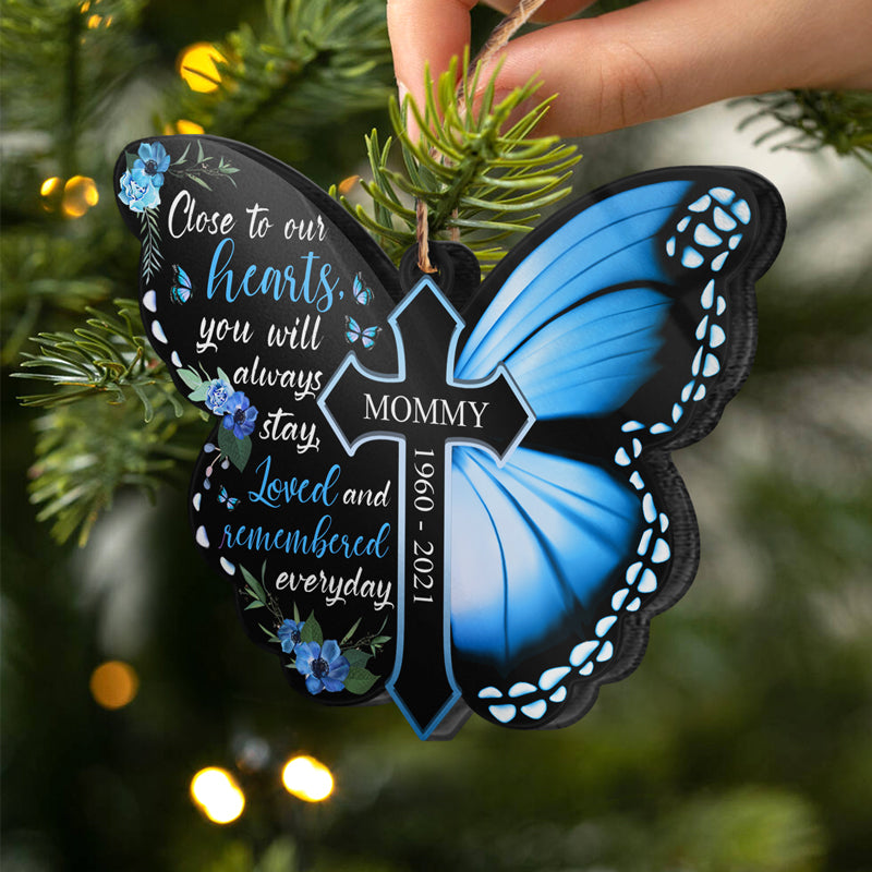 Personalized Memorial For Loved One Butterfly Ornament for Mom: 'Close to Our Hearts'