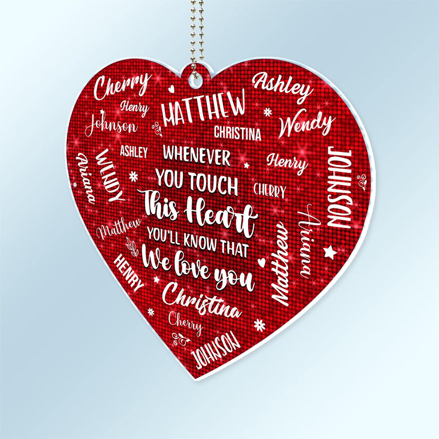 Heartfelt Personalized Car Hanger with Family Names - Whenever You Touch This Heart.