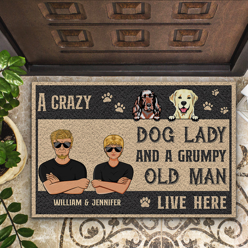 Custom Funny Couple Doormat: 'Crazy Dog Lady & Grumpy Old Man Live Here'