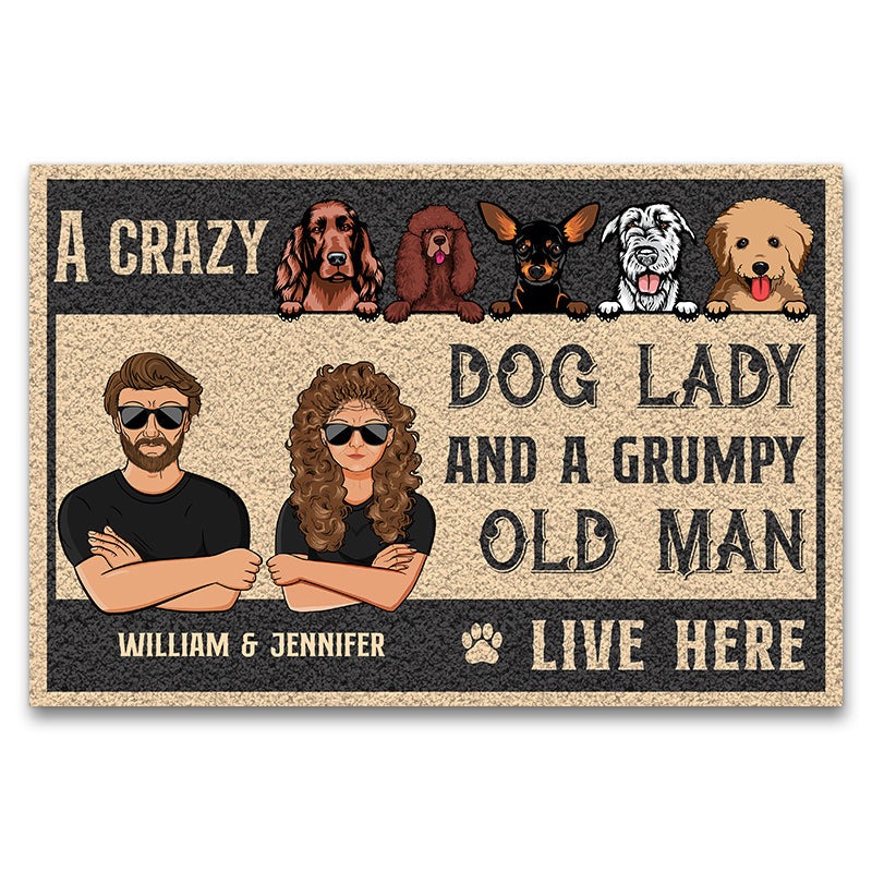 Custom Funny Couple Doormat: 'Crazy Dog Lady & Grumpy Old Man Live Here'