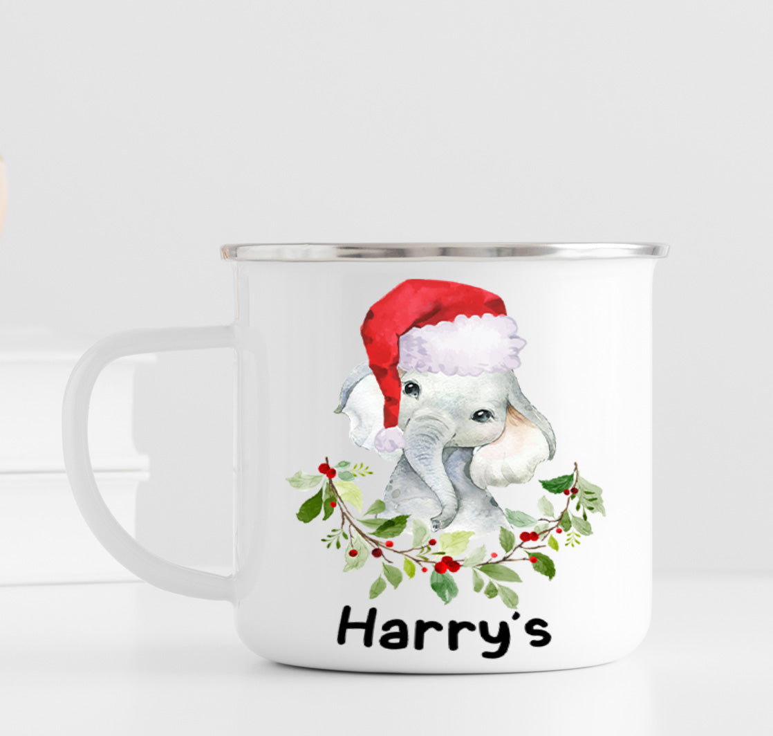 Personalized Kids' Hot Chocolate Mug | Cute Elephant Christmas Enamel