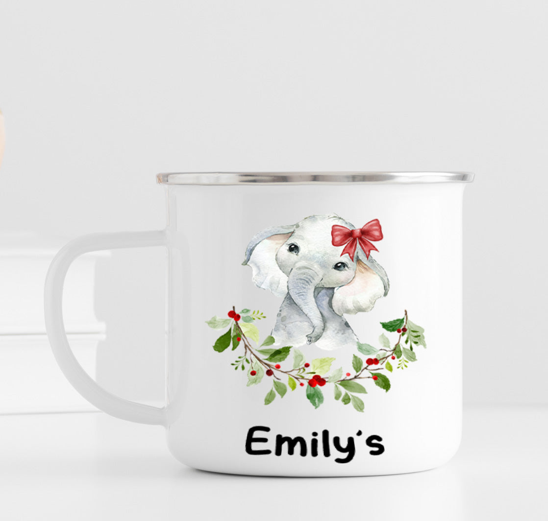 Personalized Kids' Hot Chocolate Mug | Cute Elephant Christmas Enamel
