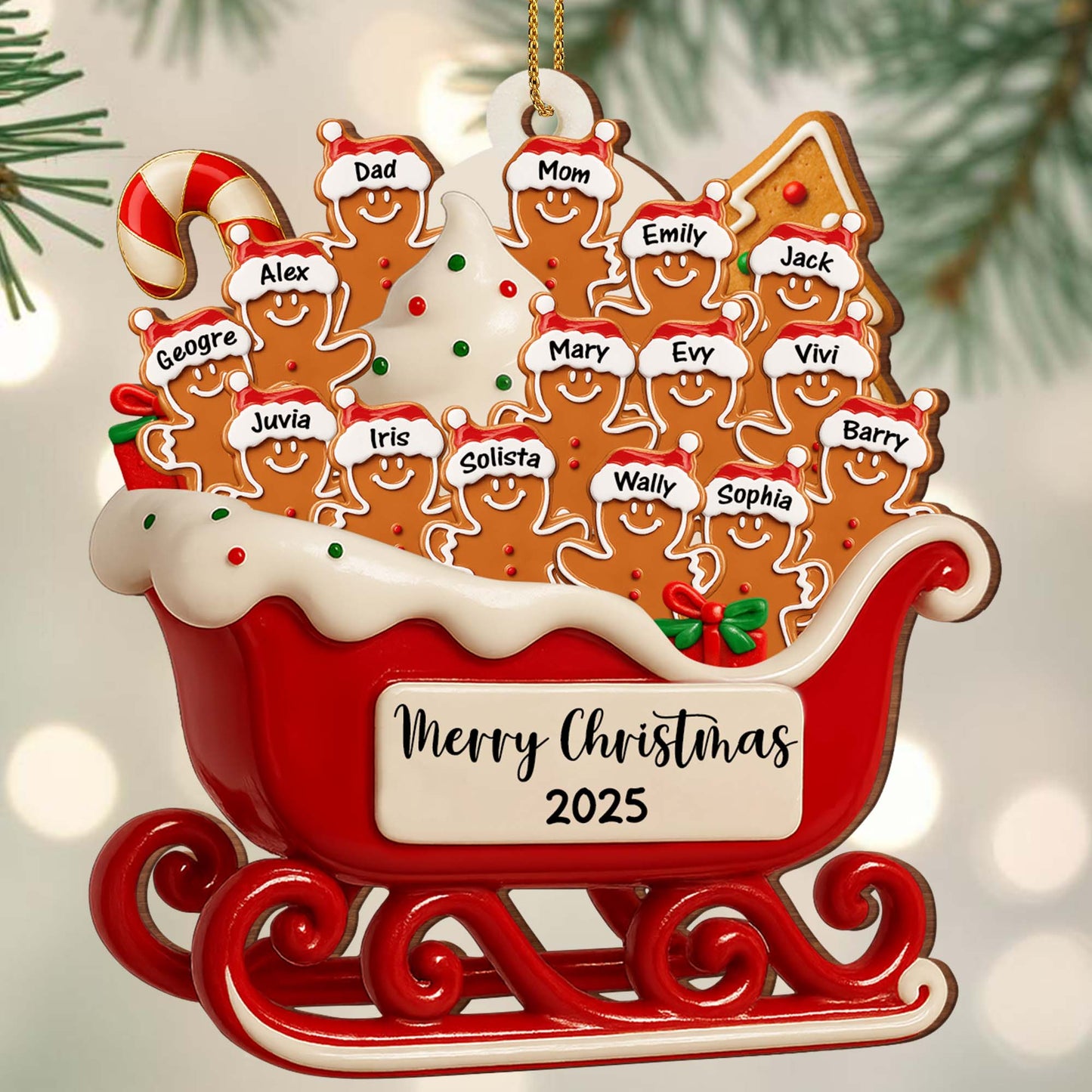 Merry Christmas Family Gingerbread Sleigh Ornament