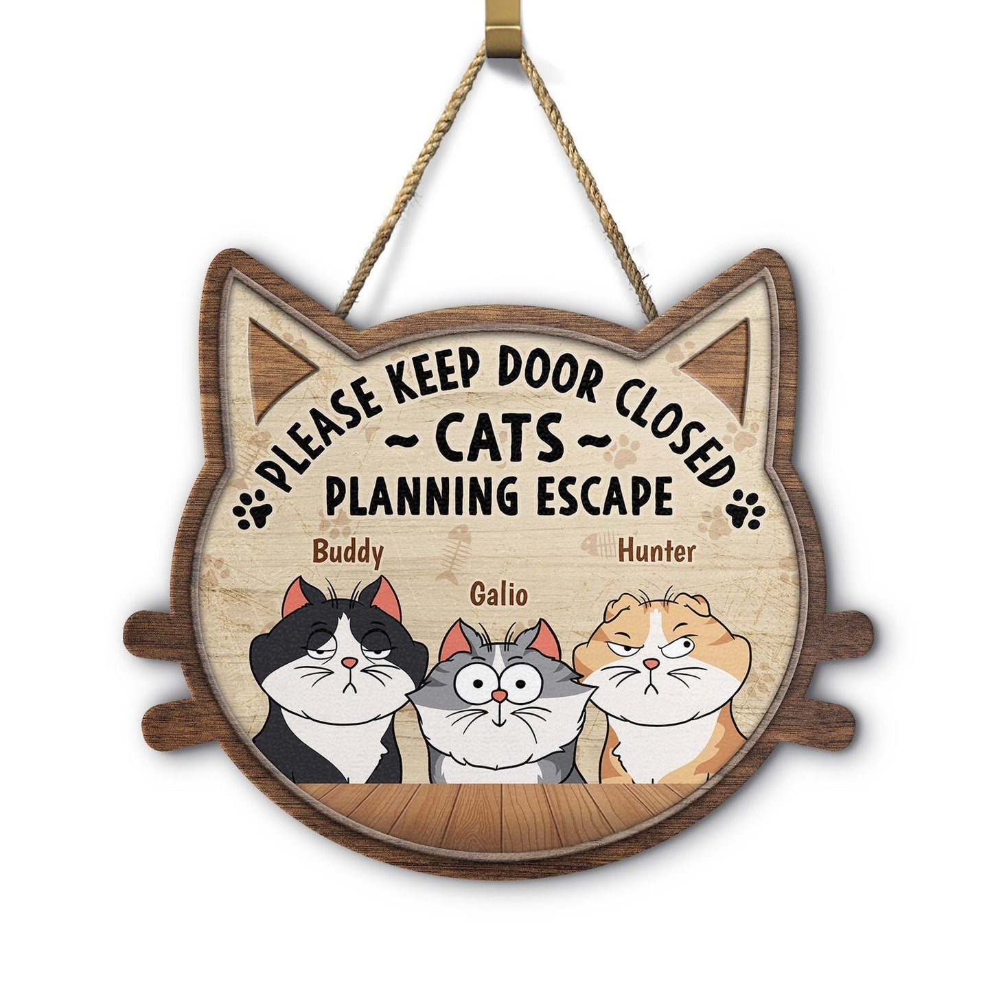 Custom Cat Lovers Wood Sign - 'Keep Door Closed, Cats Planning Escape!'